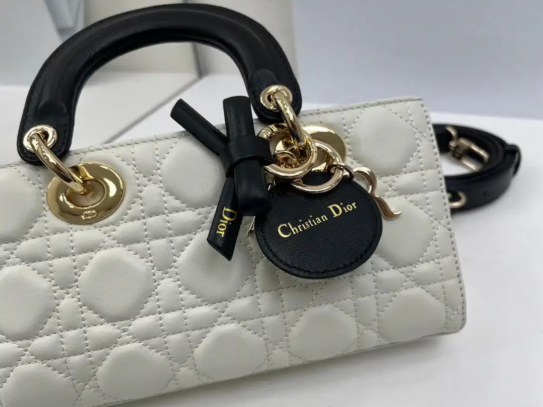 Dior M0613 Small Lady D-joy Bag White Cannage Lambskin With Black bow