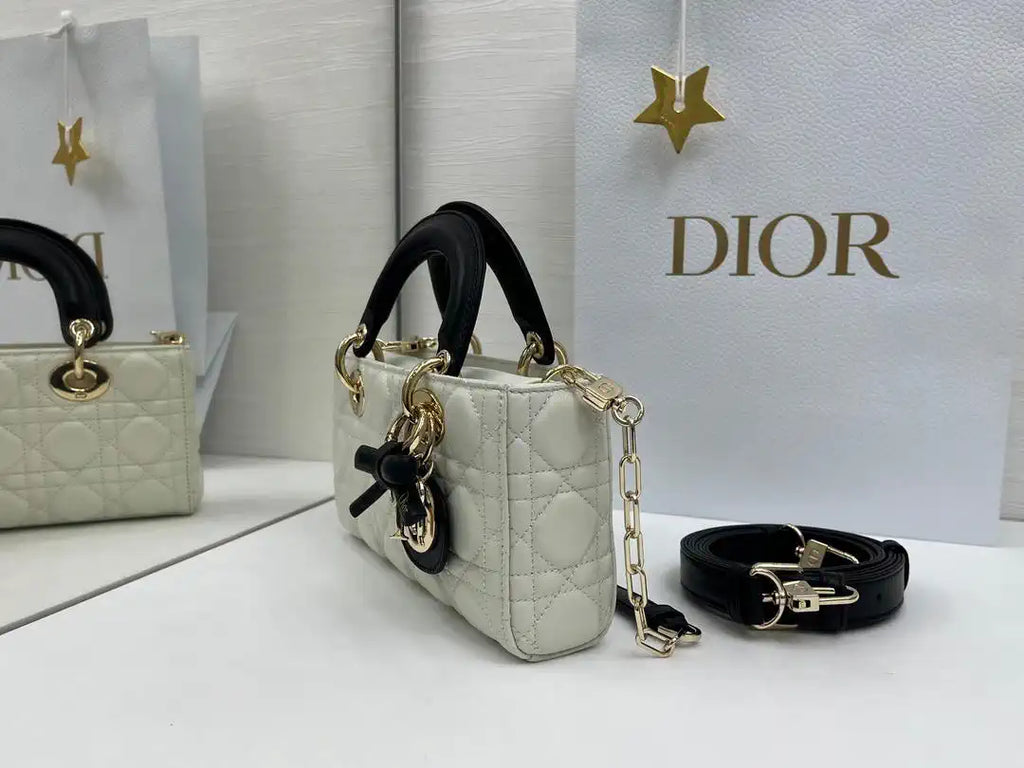 Dior M0613 Small Lady D-joy Bag White Cannage Lambskin With Black bow