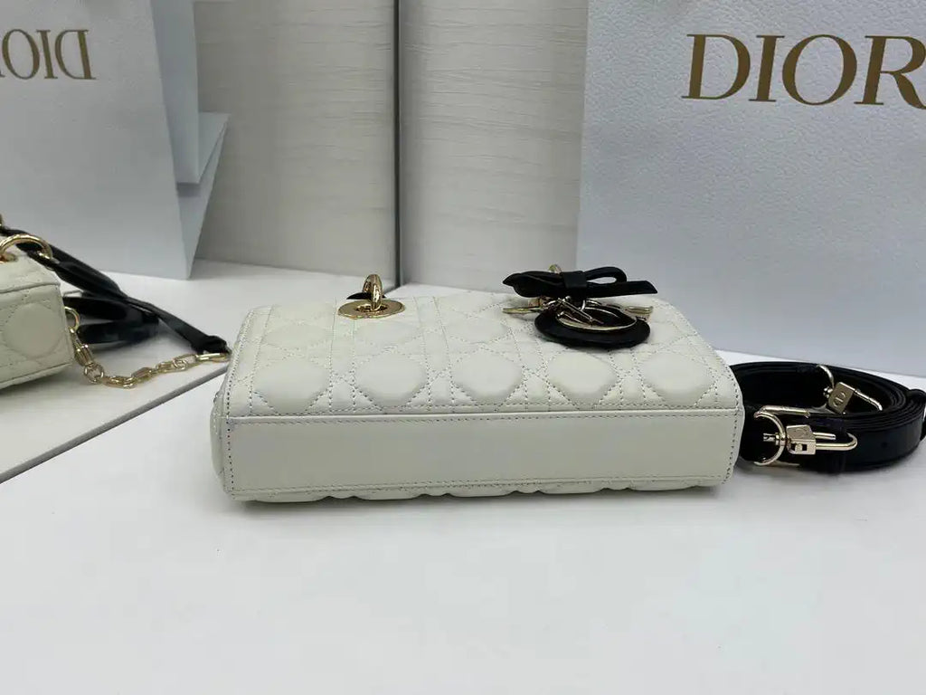 Dior M0613 Small Lady D-joy Bag White Cannage Lambskin With Black bow