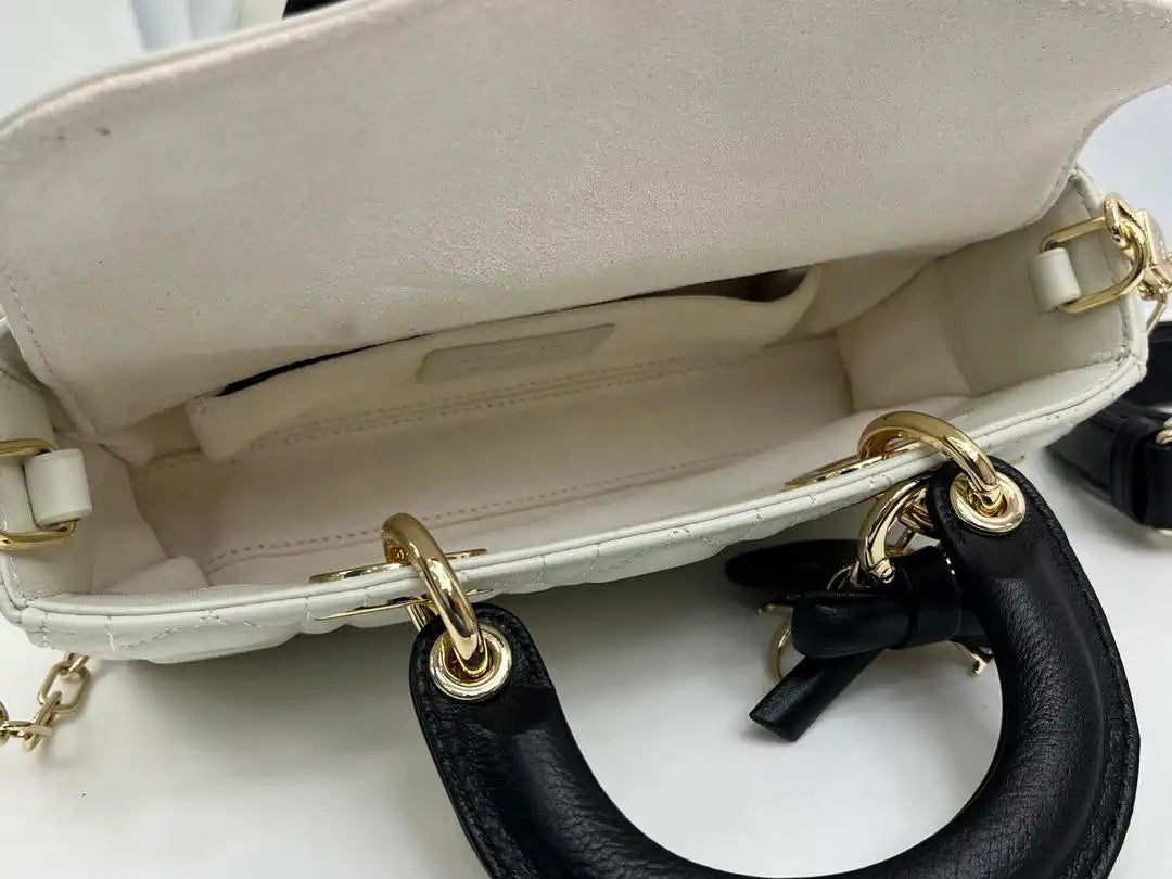 Dior M0613 Small Lady D-joy Bag White Cannage Lambskin With Black bow