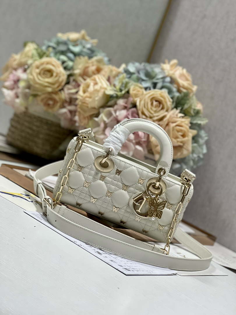 Dior M0613 Small Lady D-joy Bag White Cannage Lambskin with Gold-Finish Butterfly Studs