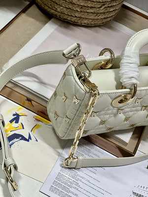 Dior M0613 Small Lady D-joy Bag White Cannage Lambskin with Gold-Finish Butterfly Studs - Default Title - View 3