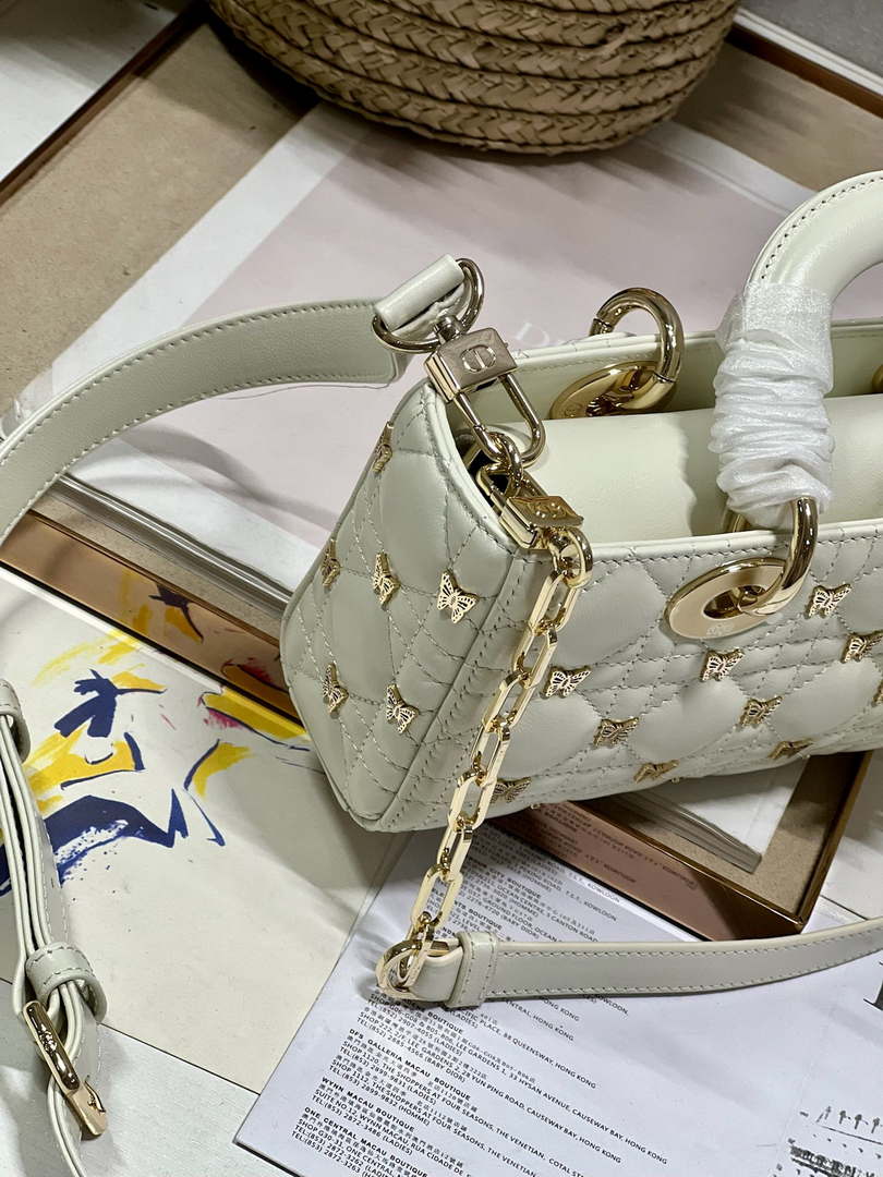 Dior M0613 Small Lady D-joy Bag White Cannage Lambskin with Gold-Finish Butterfly Studs