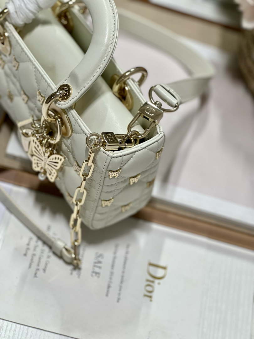 Dior M0613 Small Lady D-joy Bag White Cannage Lambskin with Gold-Finish Butterfly Studs - Default Title - View 4