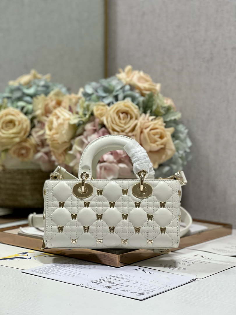 Dior M0613 Small Lady D-joy Bag White Cannage Lambskin with Gold-Finish Butterfly Studs - Default Title - View 5