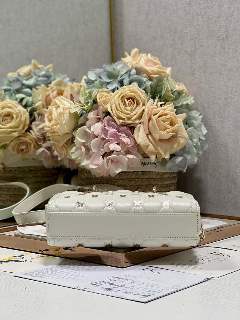 Dior M0613 Small Lady D-joy Bag White Cannage Lambskin with Gold-Finish Butterfly Studs
