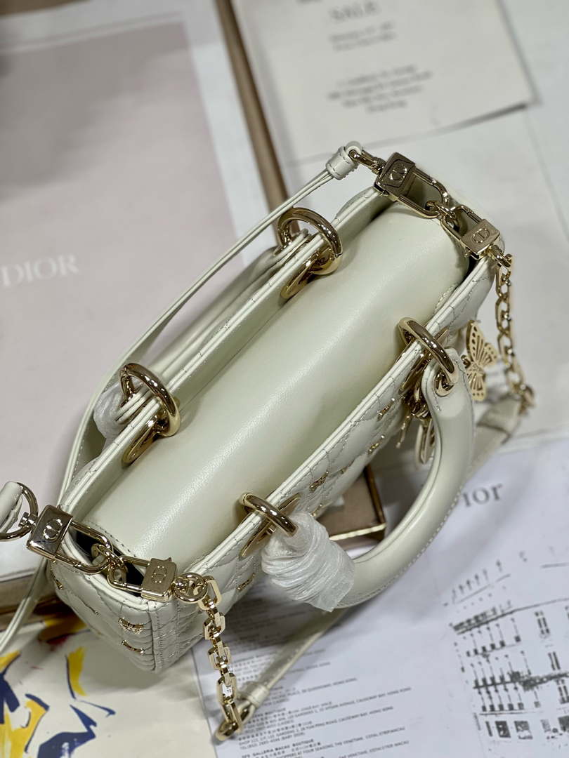Dior M0613 Small Lady D-joy Bag White Cannage Lambskin with Gold-Finish Butterfly Studs - Default Title - View 7