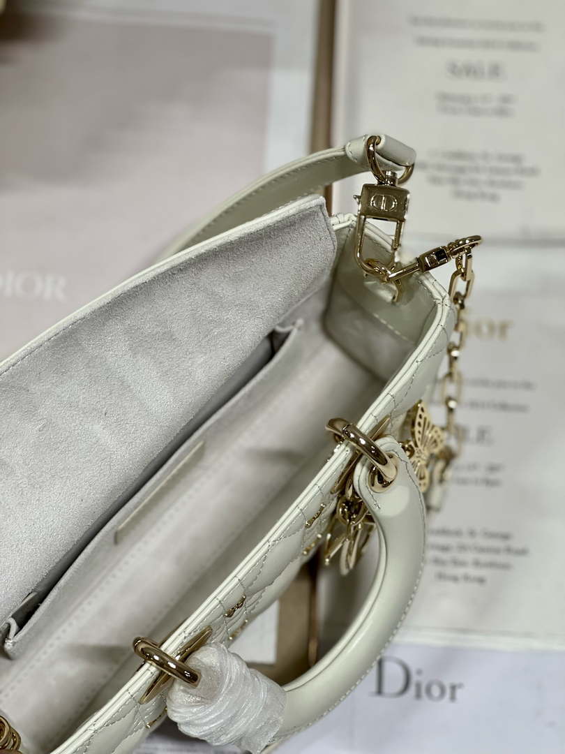 Dior M0613 Small Lady D-joy Bag White Cannage Lambskin with Gold-Finish Butterfly Studs - Default Title - View 8