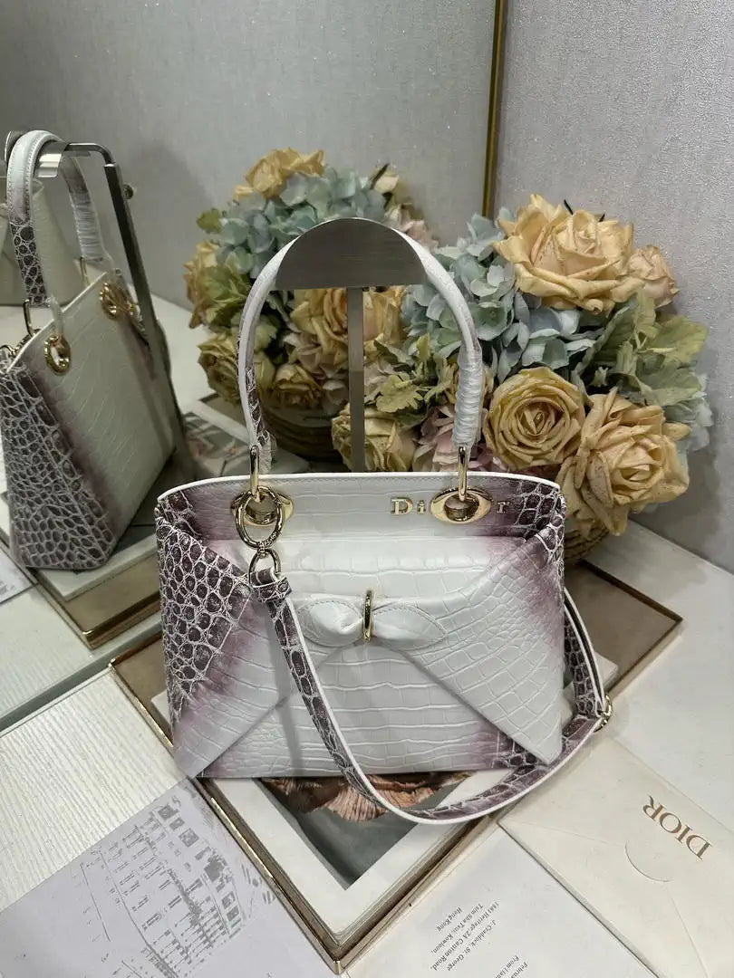Dior M0737 Cigale top handle bag Crocodile pattern Gray