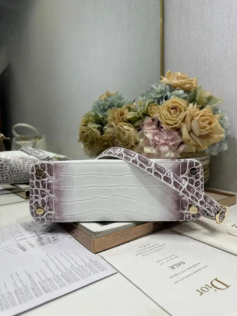 Dior M0737 Cigale top handle bag Crocodile pattern Gray