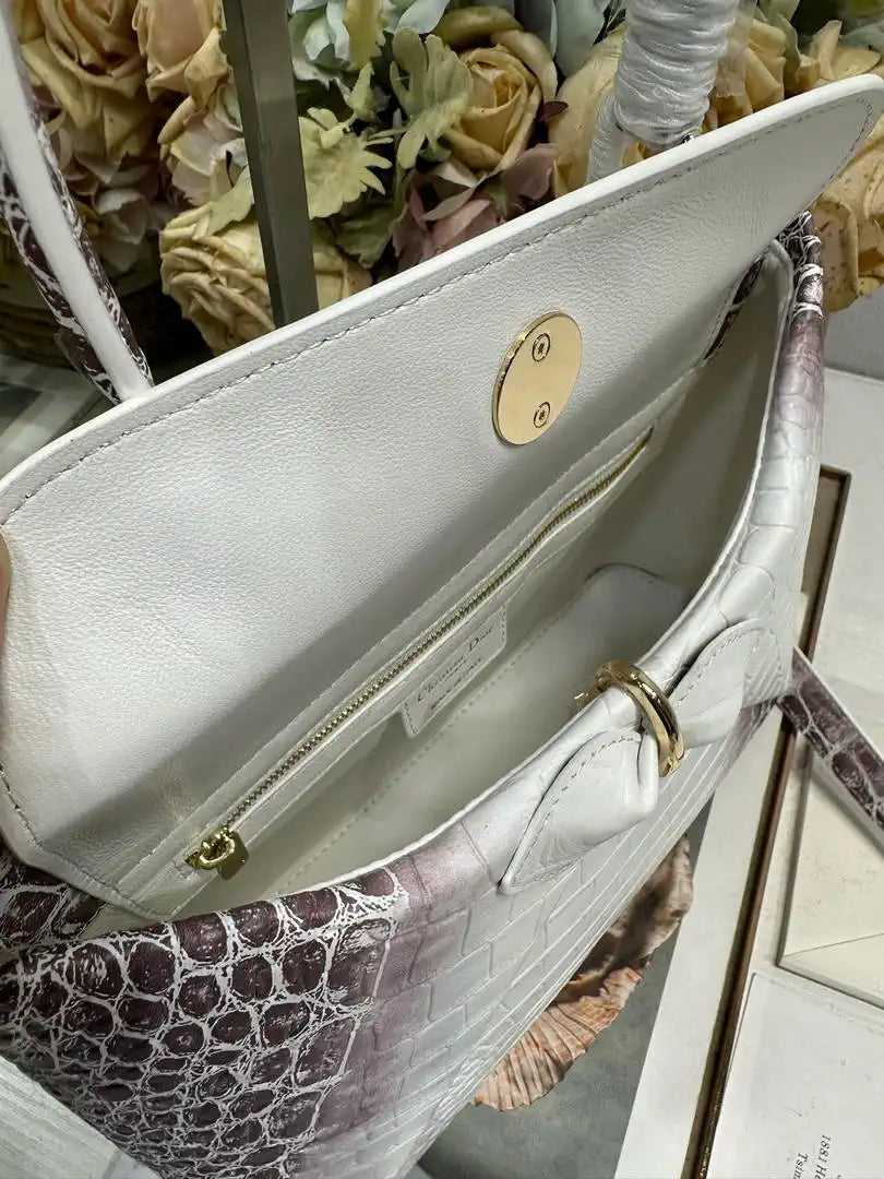 Dior M0737 Cigale top handle bag Crocodile pattern Gray
