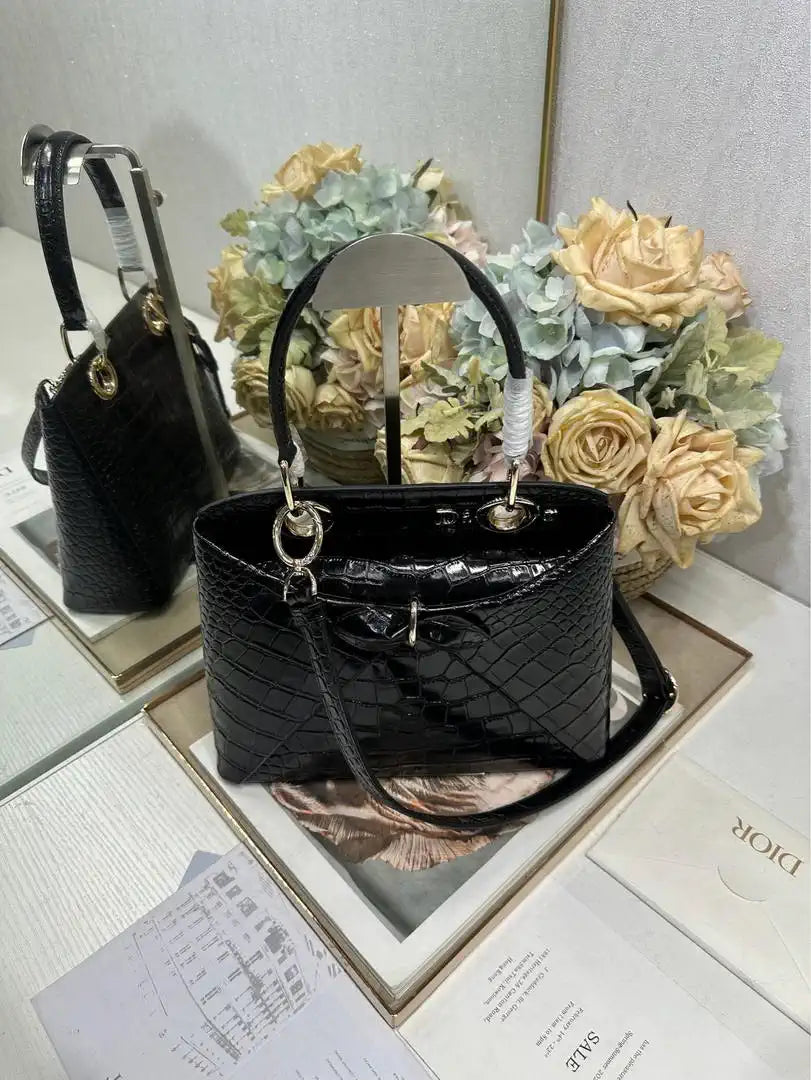 Dior M0737 Cigale top handle bag Crocodile pattern Black