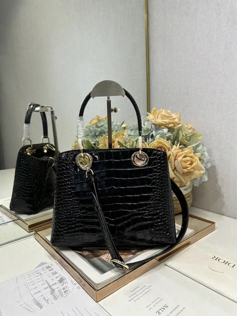 Dior M0737 Cigale top handle bag Crocodile pattern Black