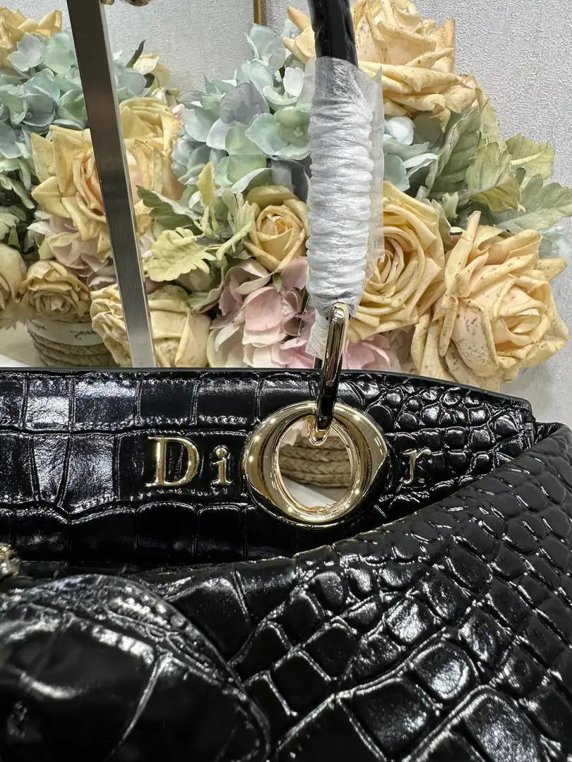 Dior M0737 Cigale top handle bag Crocodile pattern Black
