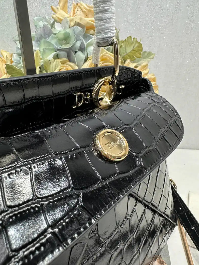 Dior M0737 Cigale top handle bag Crocodile pattern Black
