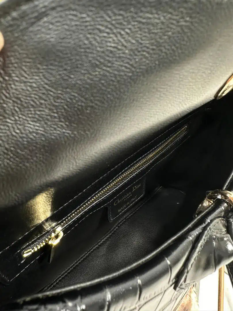 Dior M0737 Cigale top handle bag Crocodile pattern Black