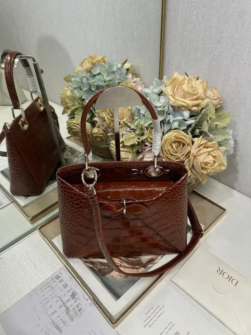 Dior M0737 Cigale top handle bag Crocodile pattern Brown