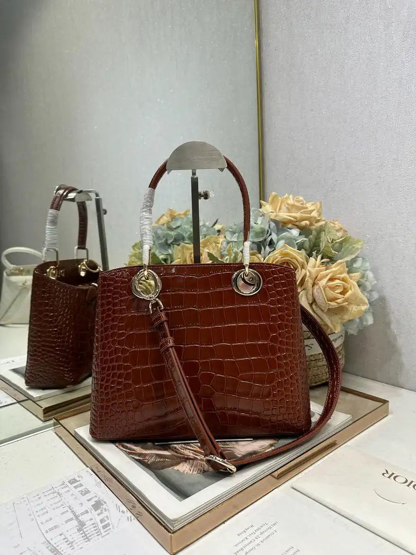 Dior M0737 Cigale top handle bag Crocodile pattern Brown