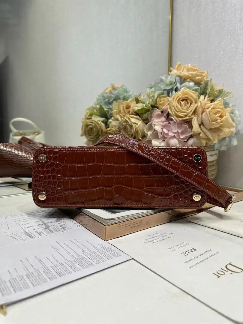 Dior M0737 Cigale top handle bag Crocodile pattern Brown