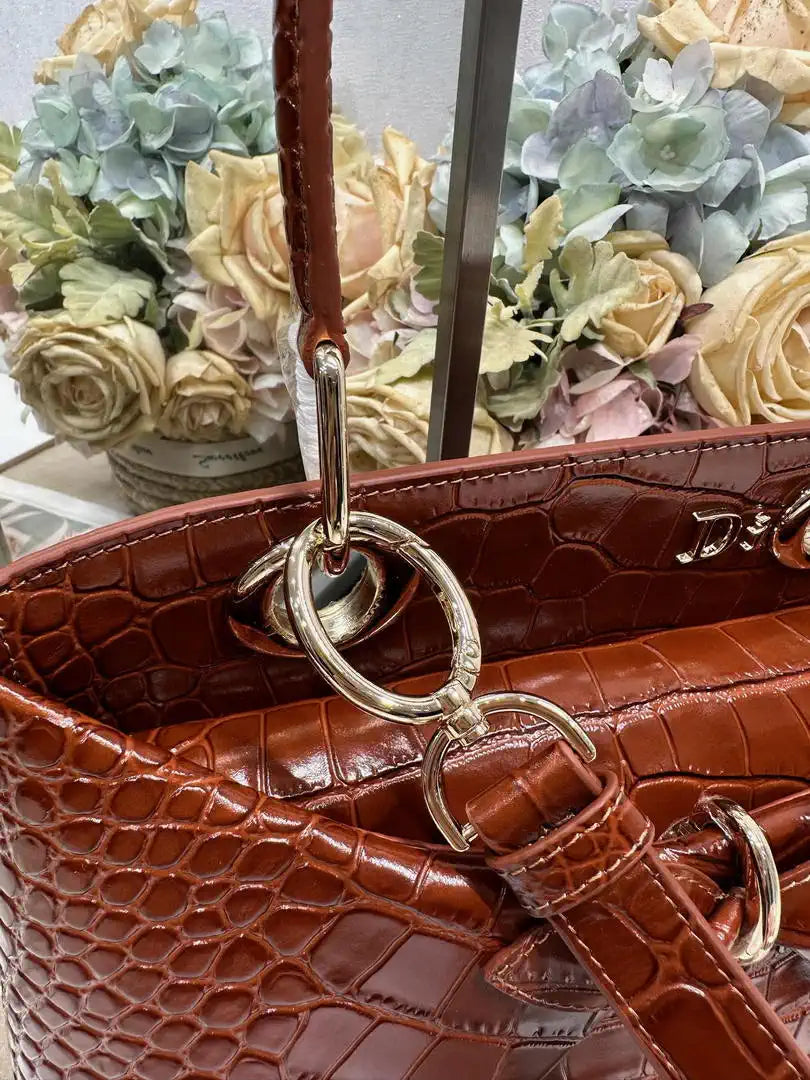 Dior M0737 Cigale top handle bag Crocodile pattern Brown