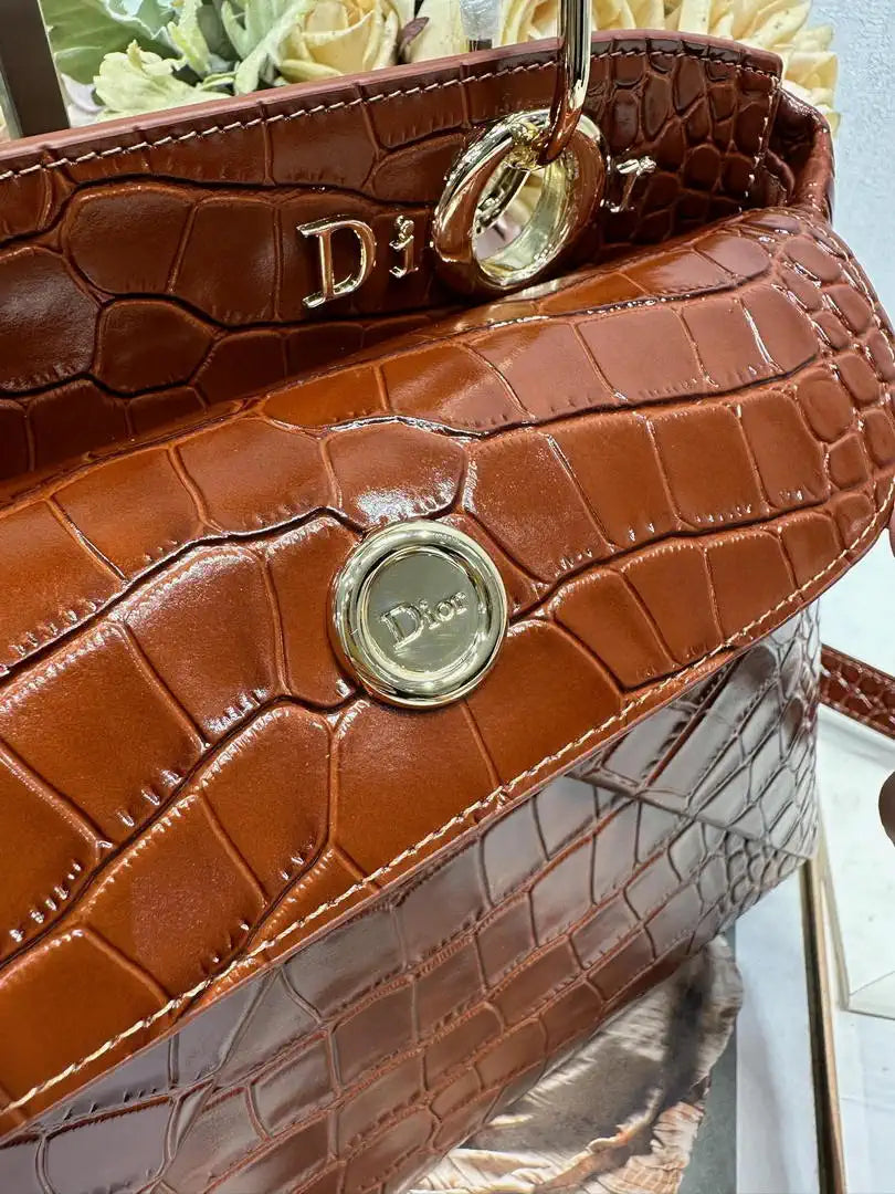 Dior M0737 Cigale top handle bag Crocodile pattern Brown