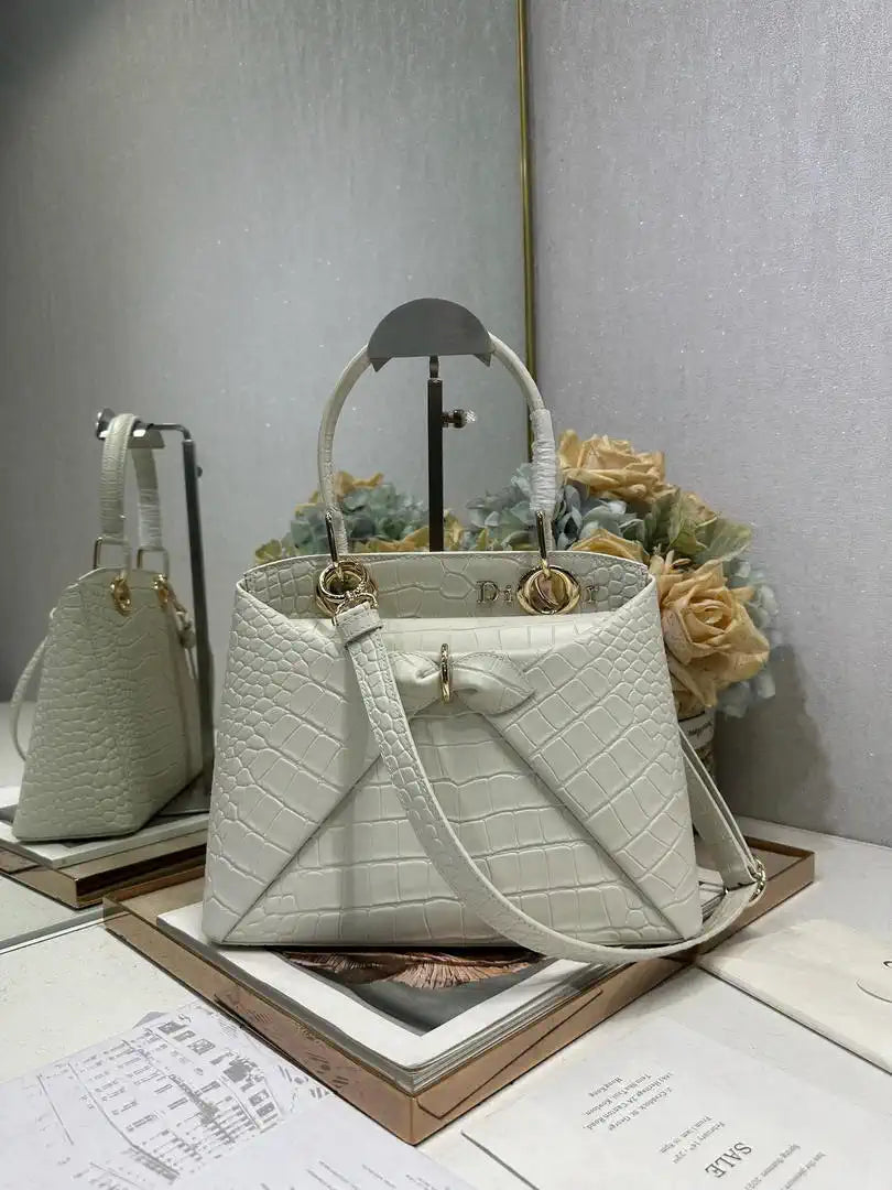 Dior M0737 Cigale top handle bag Crocodile pattern Beige