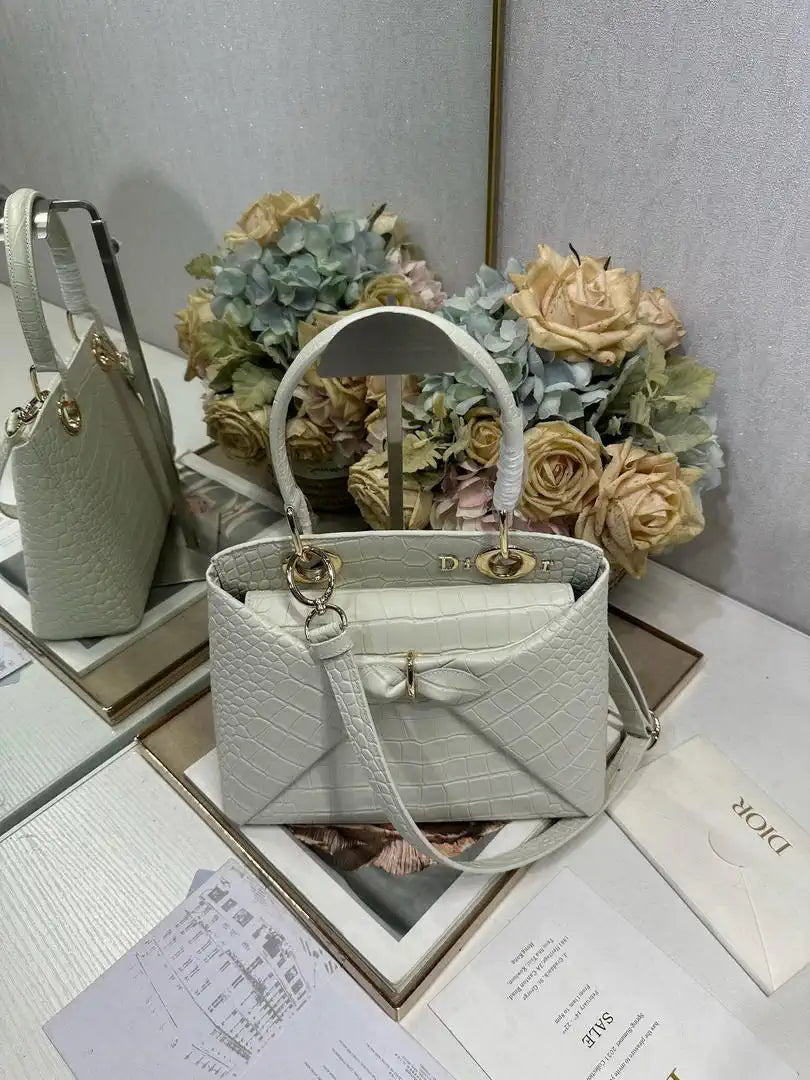 Dior M0737 Cigale top handle bag Crocodile pattern Beige