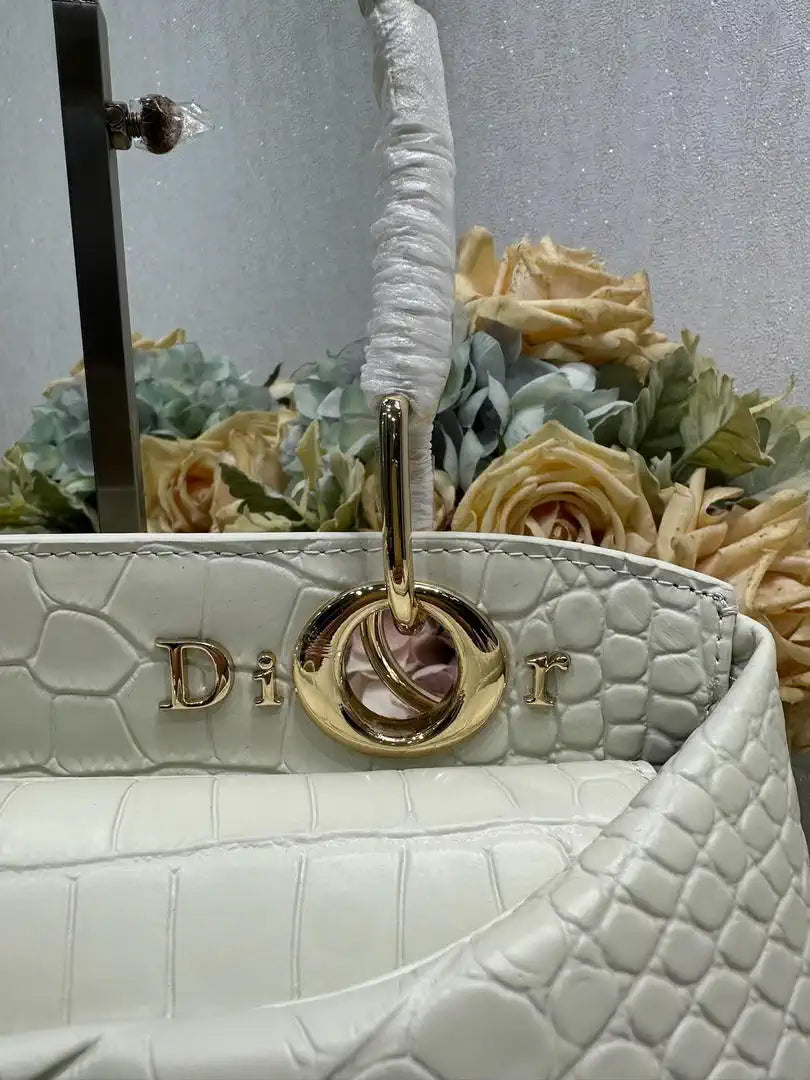 Dior M0737 Cigale top handle bag Crocodile pattern Beige
