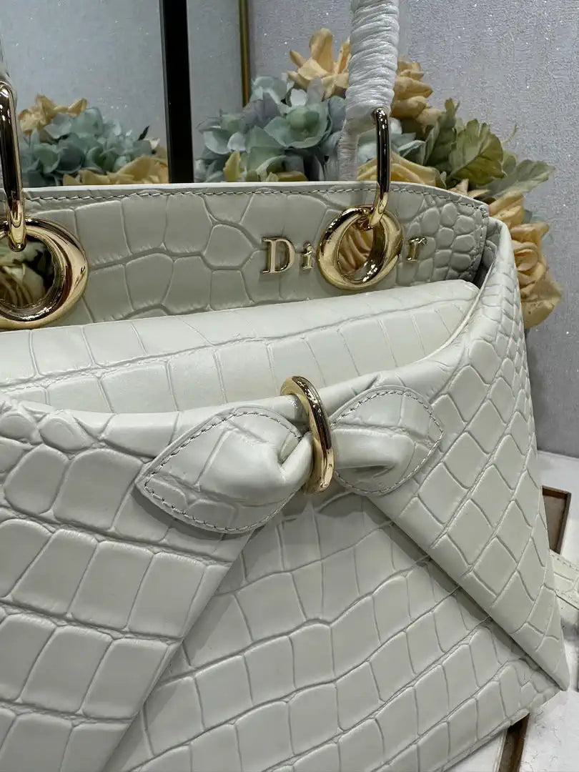 Dior M0737 Cigale top handle bag Crocodile pattern Beige