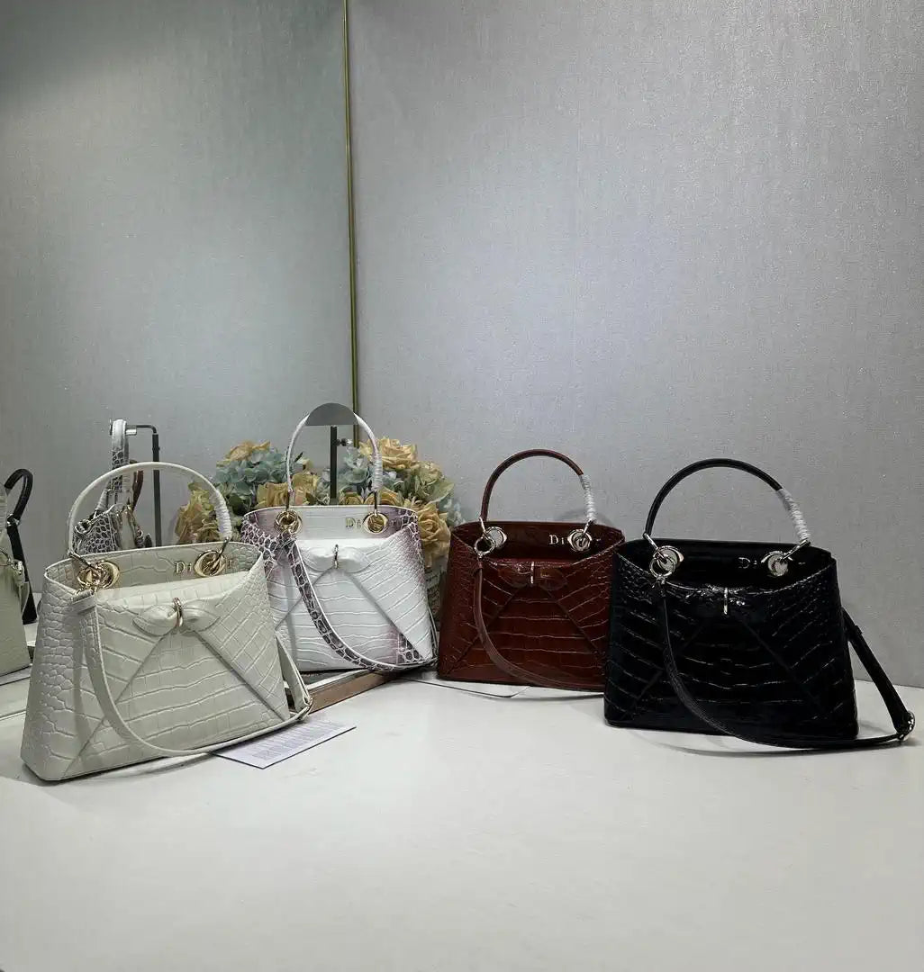 Dior M0737 Cigale top handle bag Crocodile pattern Black
