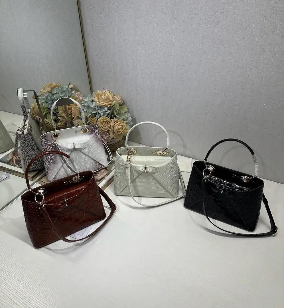 Dior M0737 Cigale top handle bag Crocodile pattern Black