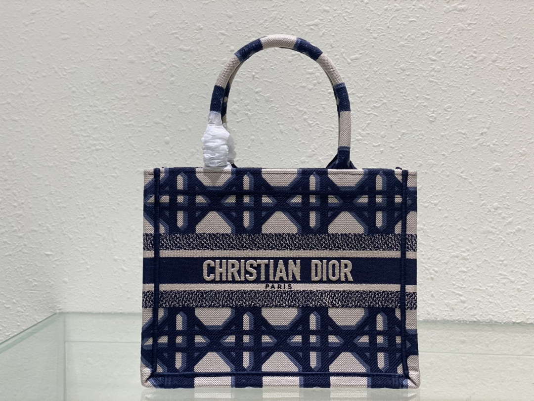 Dior M1265 Small Book Tote Beige and Blue Macrocannage Embroidery - Default Title - View 1