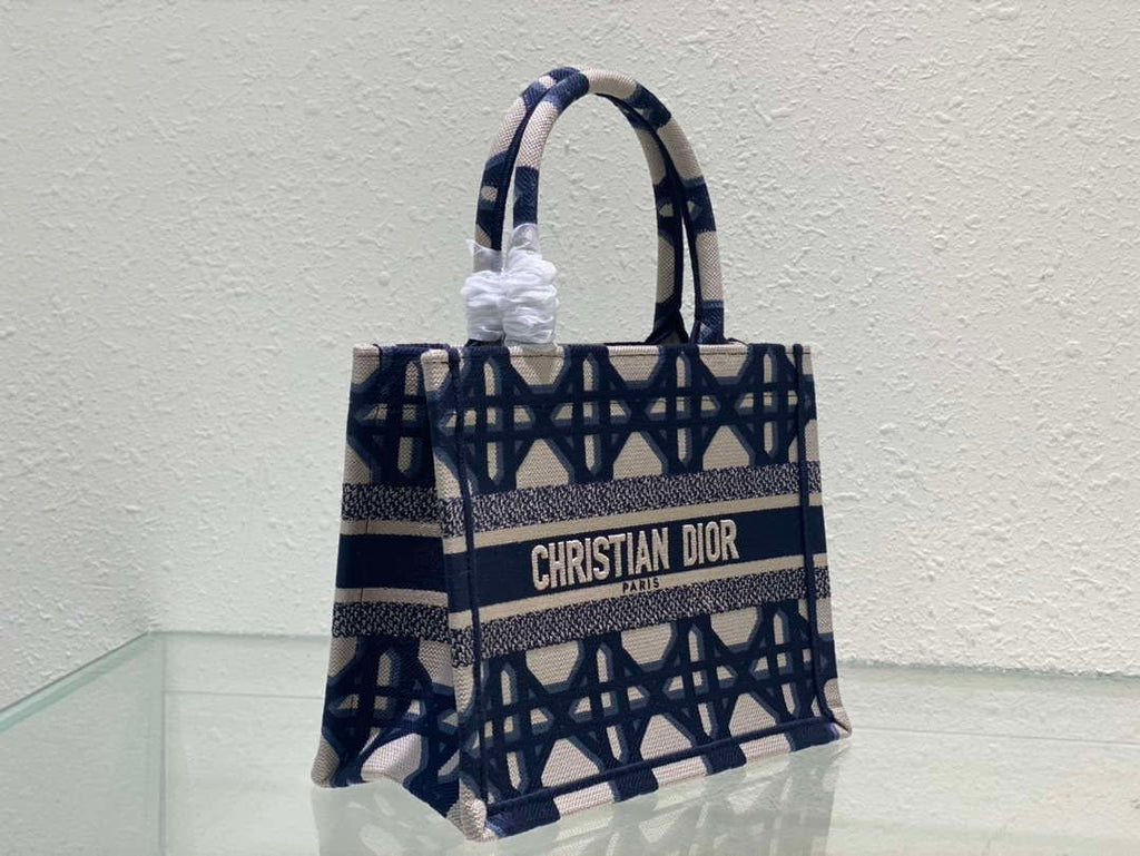 Dior M1265 Small Book Tote Beige and Blue Macrocannage Embroidery