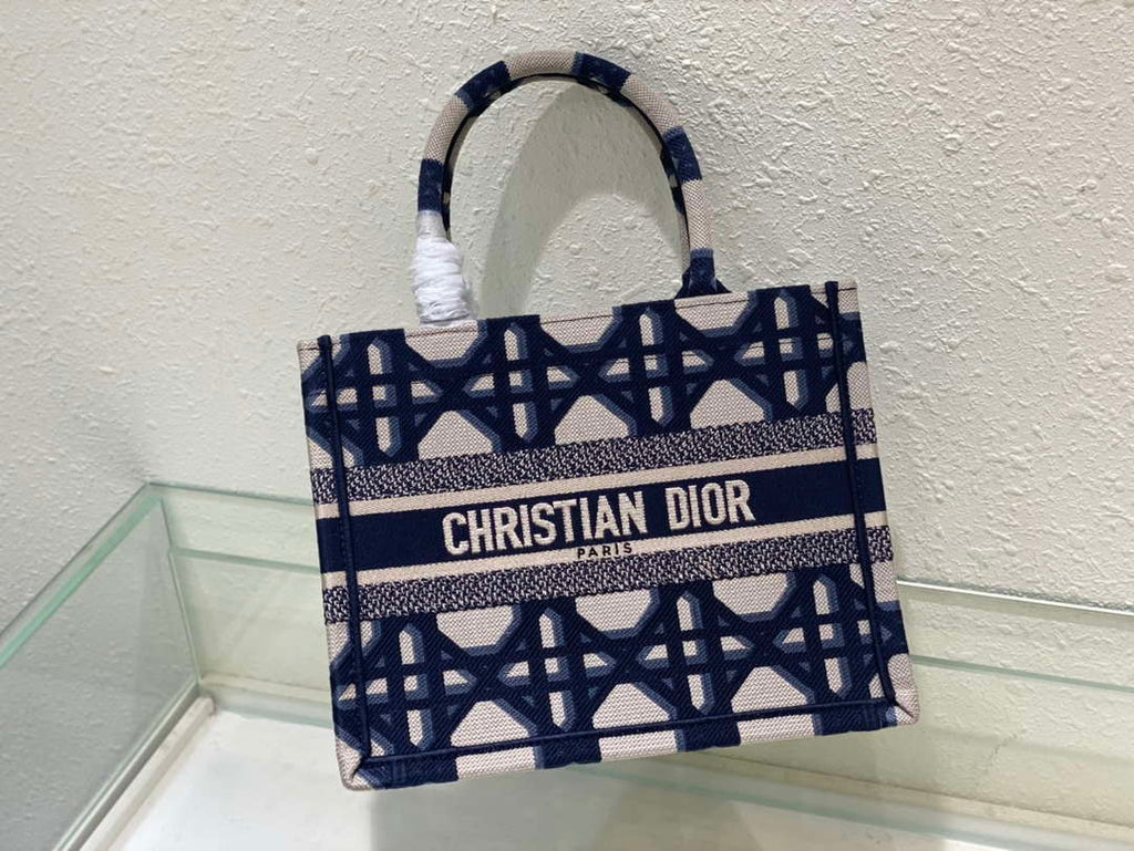 Dior M1265 Small Book Tote Beige and Blue Macrocannage Embroidery