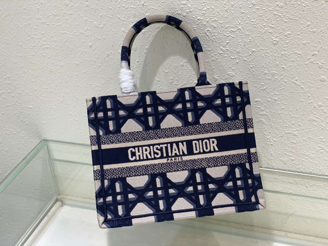 Dior M1265 Small Book Tote Beige and Blue Macrocannage Embroidery