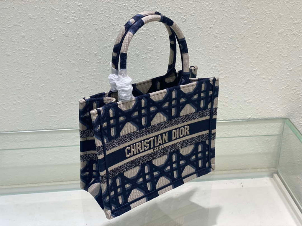 Dior M1265 Small Book Tote Beige and Blue Macrocannage Embroidery