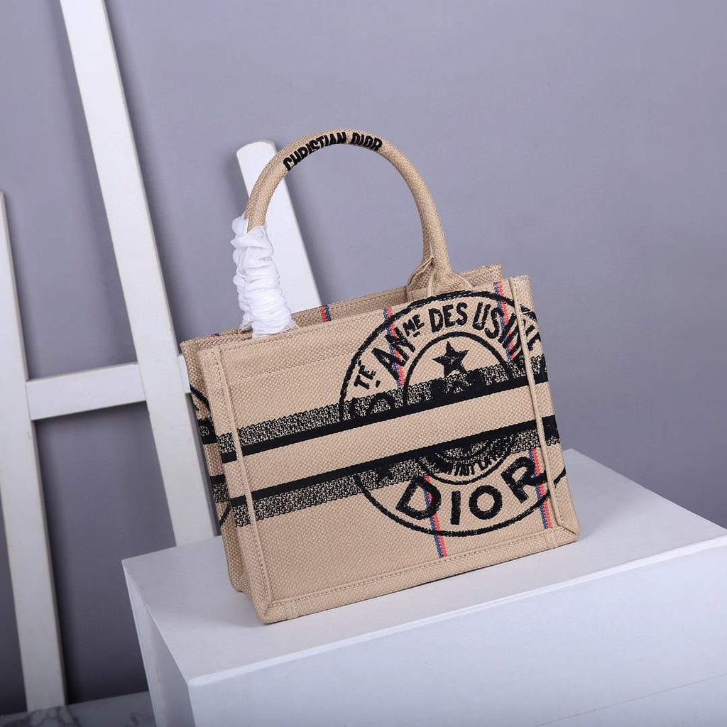 Dior M1265 Small Book Tote Beige jute fabric with Union motif