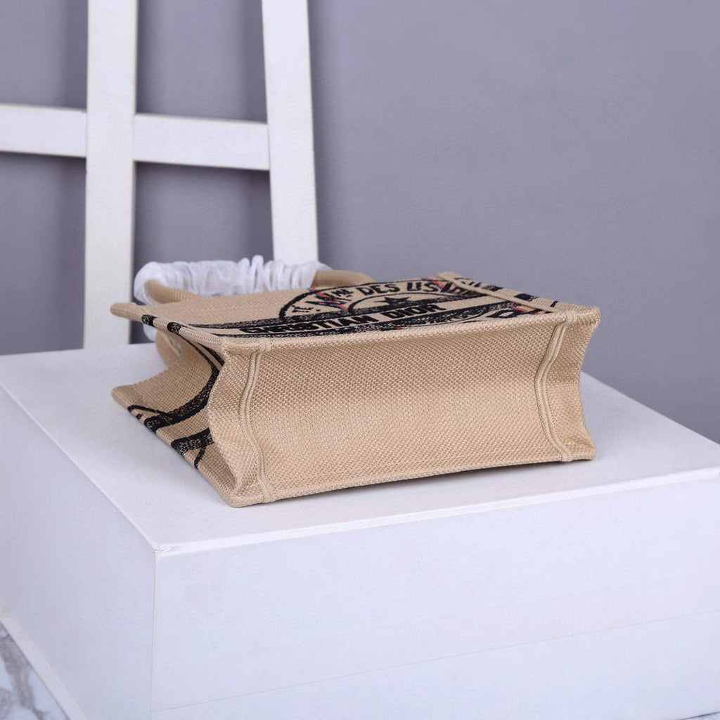 Dior M1265 Small Book Tote Beige jute fabric with Union motif