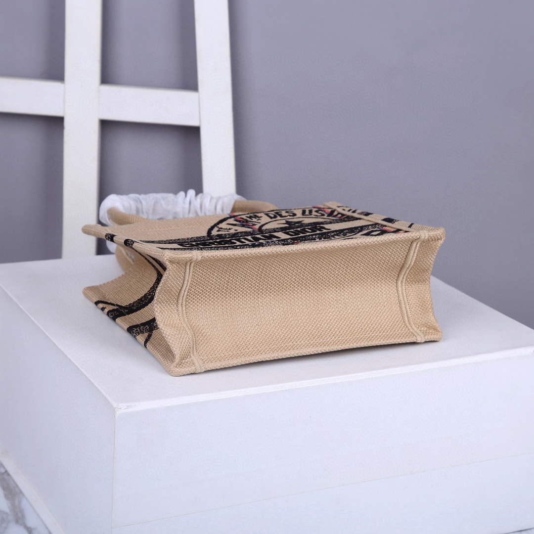 Dior M1265 Small Book Tote Beige jute fabric with Union motif