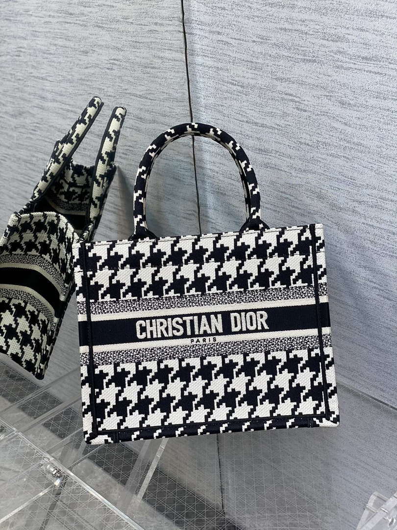 Dior M1265 Small Book Tote Black and White Macro Houndstooth Embroidery M9619 - Default Title - View 1