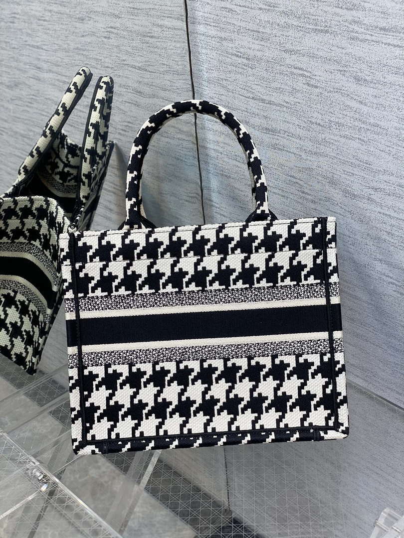 Dior M1265 Small Book Tote Black and White Macro Houndstooth Embroidery M9619