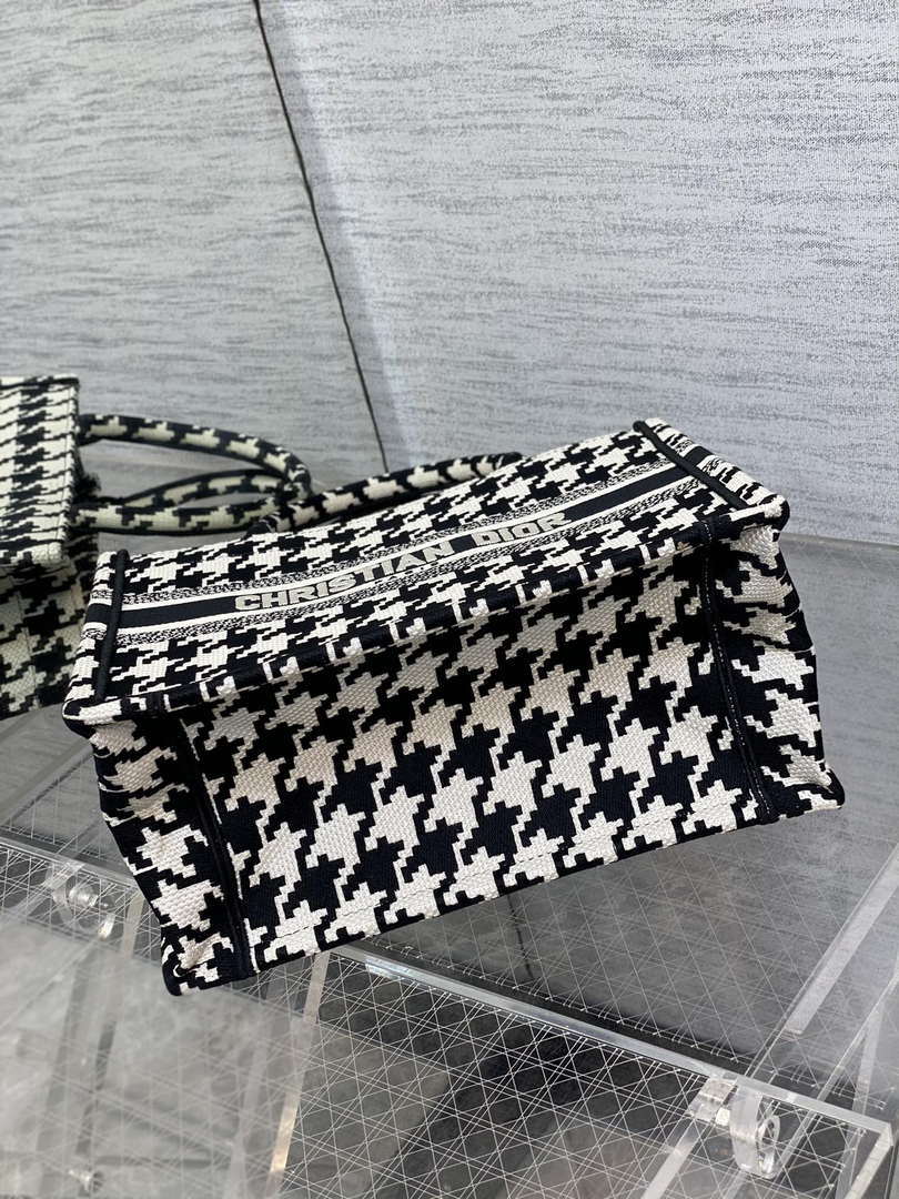 Dior M1265 Small Book Tote Black and White Macro Houndstooth Embroidery M9619