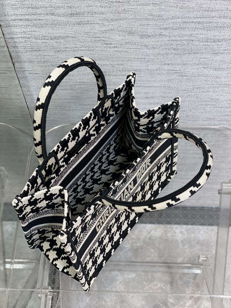 Dior M1265 Small Book Tote Black and White Macro Houndstooth Embroidery M9619
