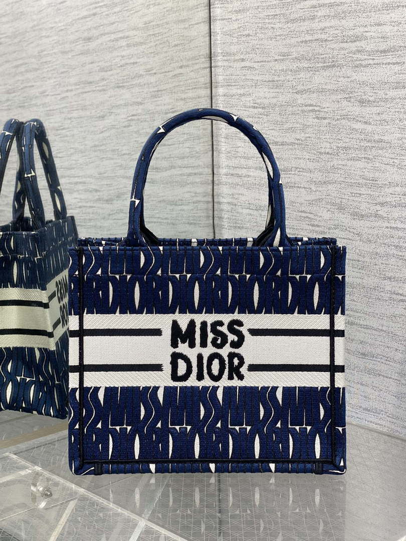 Dior M1265 Small Book Tote Blue and White Miss Dior Allover Embroidery M9638