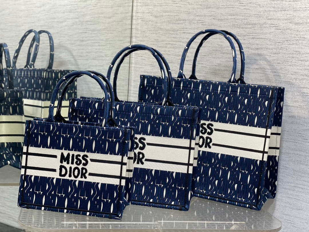Dior M1265 Small Book Tote Blue and White Miss Dior Allover Embroidery M9638