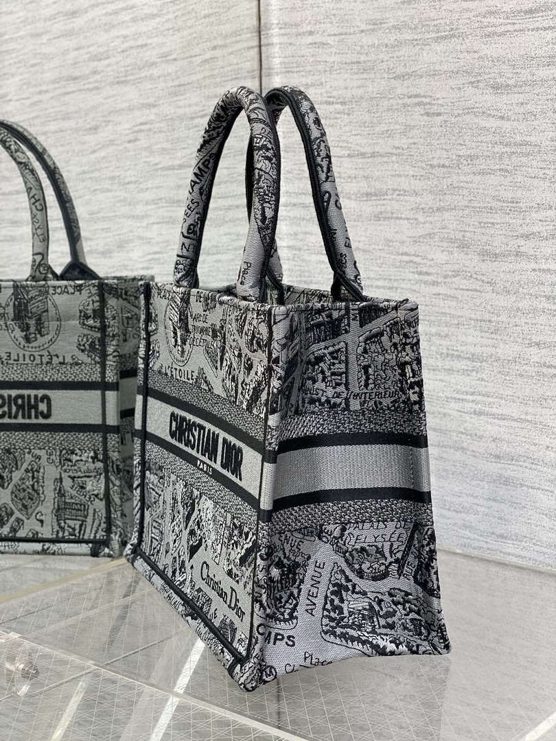 Dior M1265 Small Book Tote Gray and Black Plan de Paris Embroidery M9618