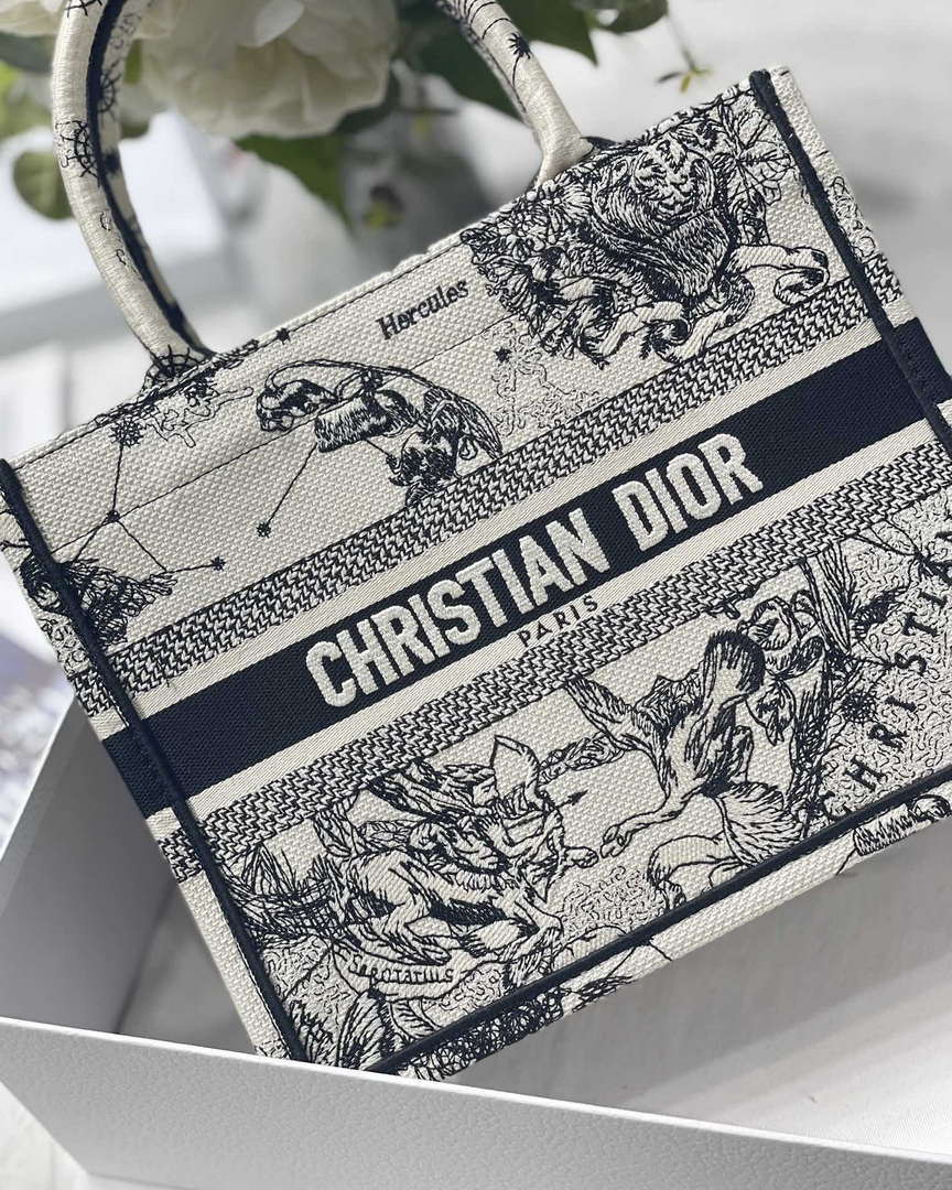 Dior M1265 Small Book Tote Latte and Black Toile de Jouy Zodiac Embroidery M9615