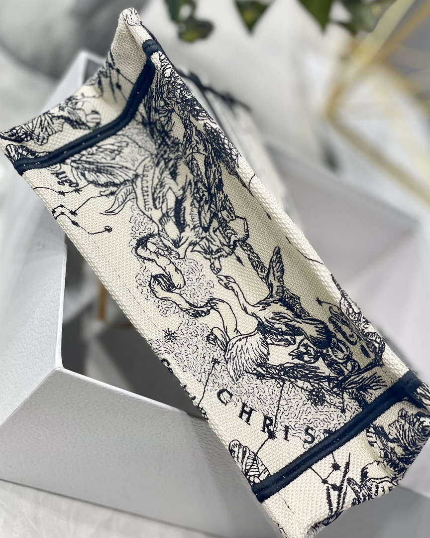 Dior M1265 Small Book Tote Latte and Black Toile de Jouy Zodiac Embroidery M9615