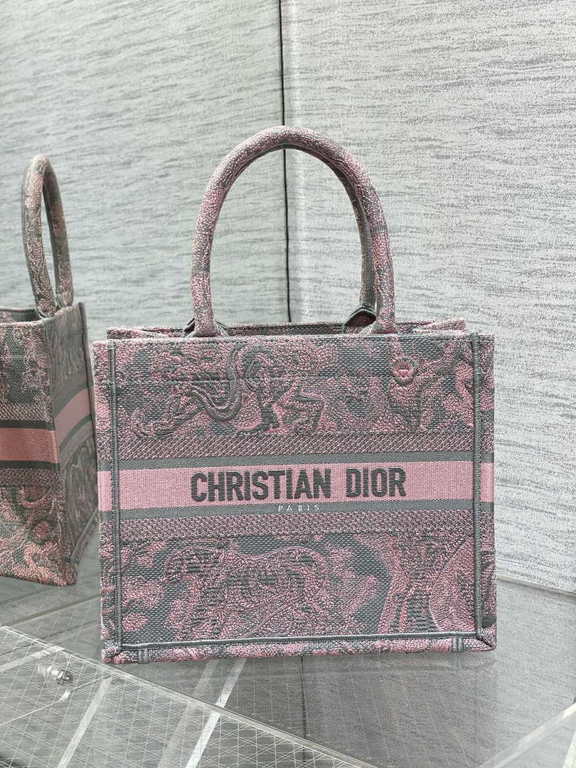 Dior M1265 Small Book Tote Pink and Gray Toile de Jouy Sauvage Embroidery - Default Title - View 1
