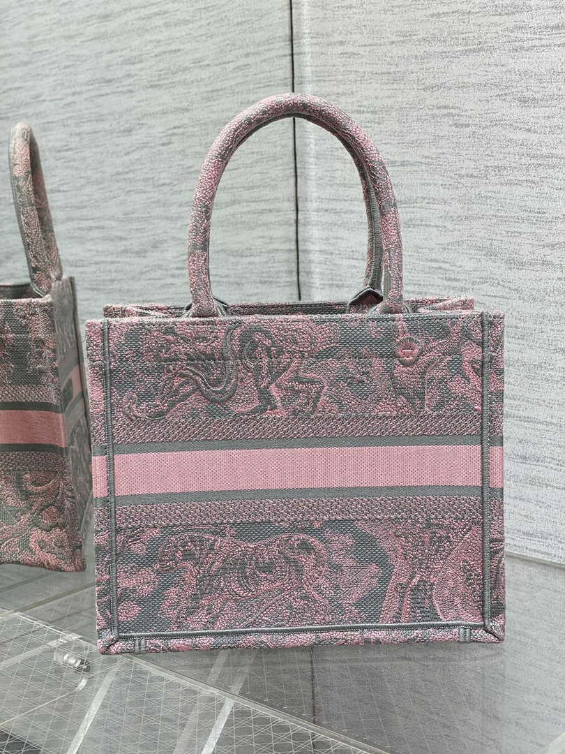 Dior M1265 Small Book Tote Pink and Gray Toile de Jouy Sauvage Embroidery
